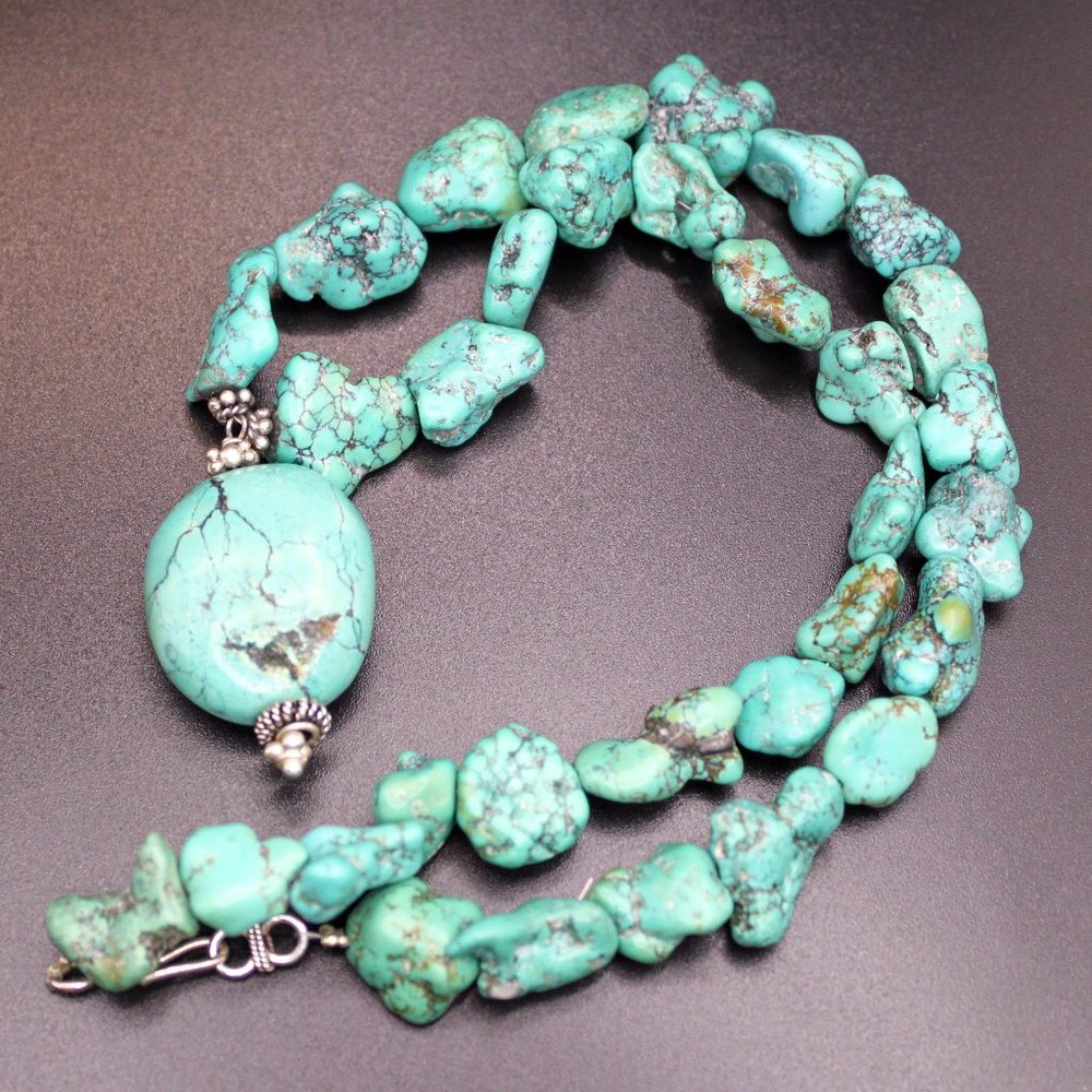 Vintage Chunky Blue Stone Pendant Nugget Beaded Necklace Silver Clasp Findings
